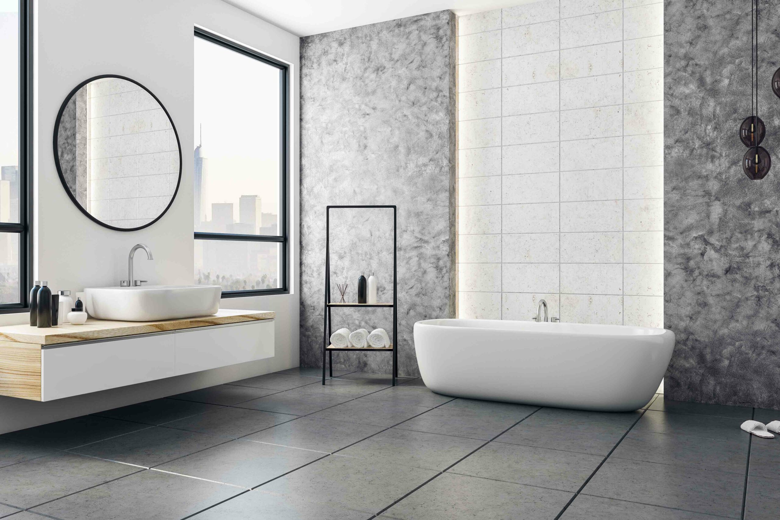 Modern,Bathroom,Interior,With,City,View,And,Blank,Poster,On